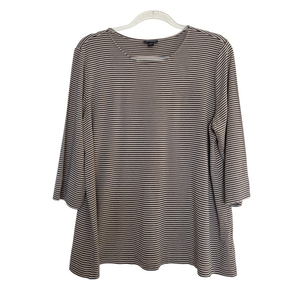 J. Jill Wearever Collection Blouse Woman's L Black Tan Striped 3/4 Sleeves Scoop